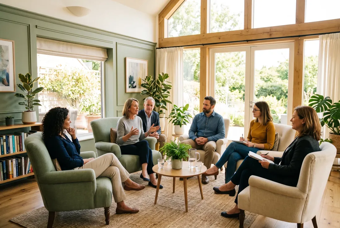 A calm group therapy session in a sunlit room at Saltwood Mental Health